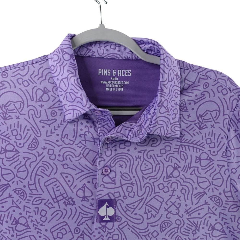 Pins & Aces Polo Shirt Men Small Purple Doodle Graphic Casino Golf 10825